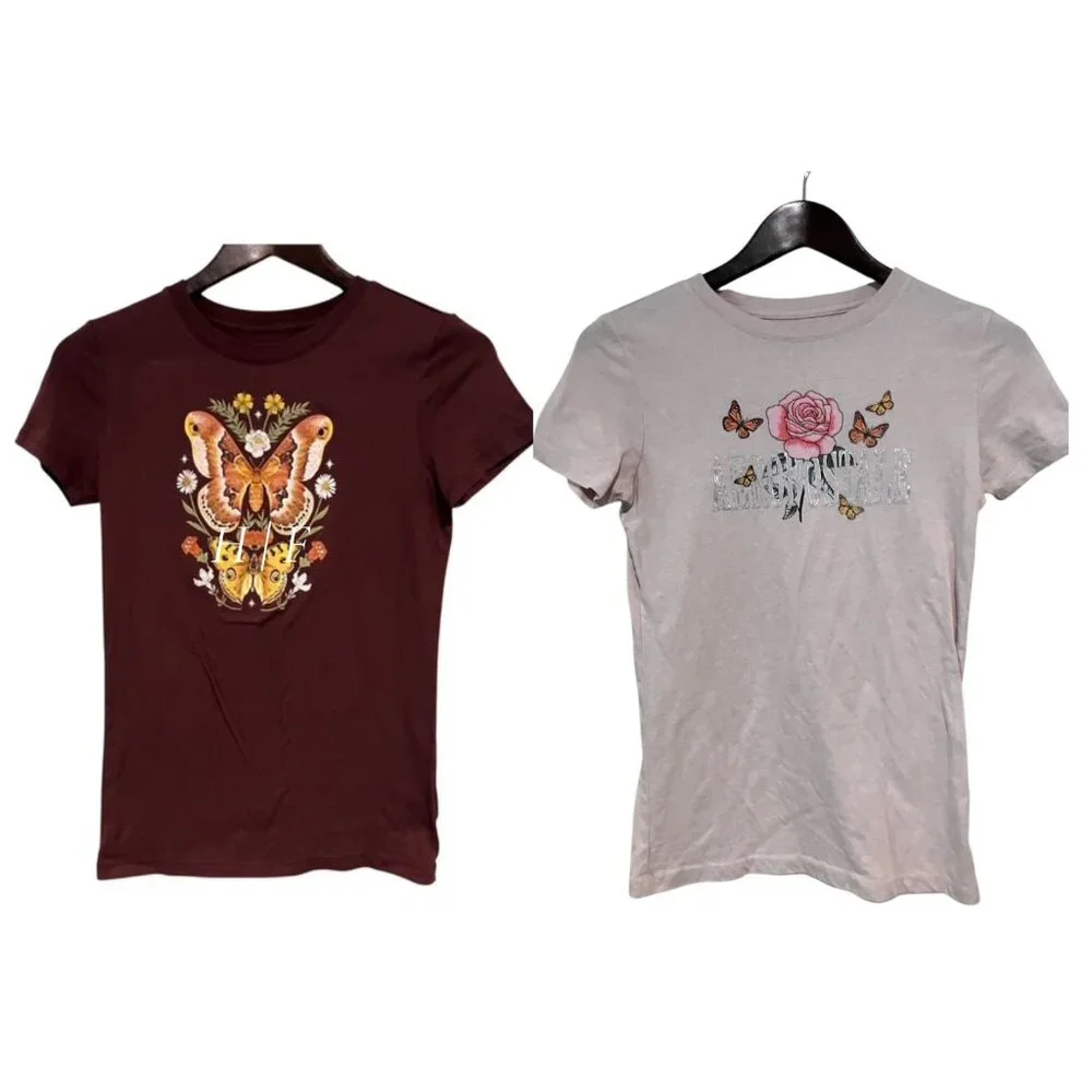 TWO Aeropostale Butterfly Classic Crew Graphic Tee T-Shirt Size Small